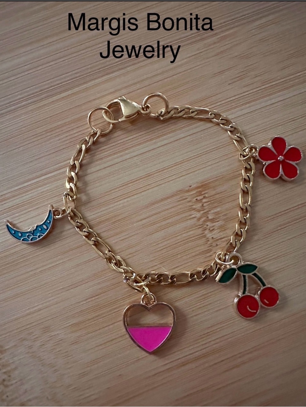 Margis Bonita Gold-Tone Charm Bracelet with Pink Heart & Colorful Charms